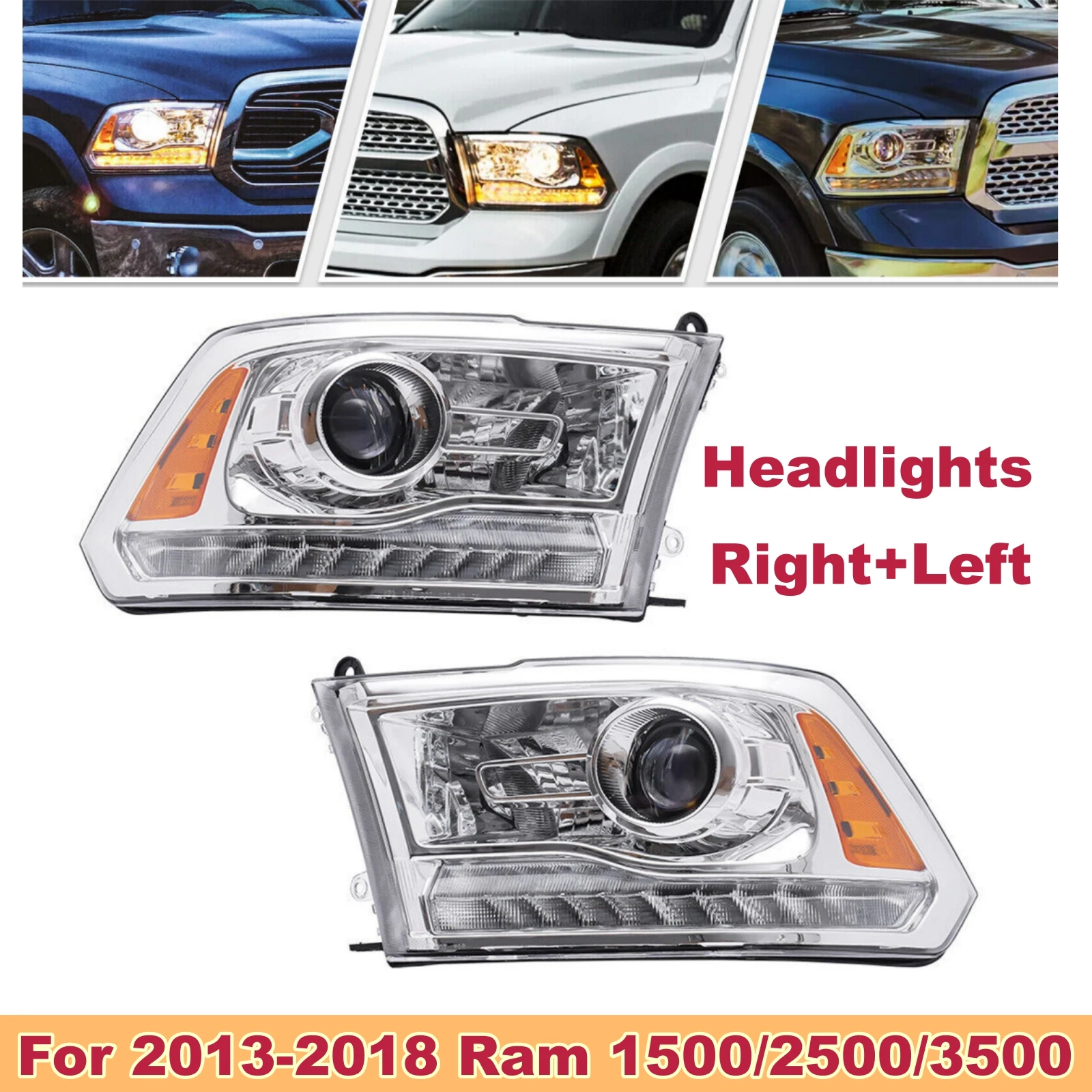 Faróis laterais esquerdo e direito com halogênio LED, faróis de projetor, apto para 2013-2018 Dodge Ram 1500/2500/3500, LH + RH, novo