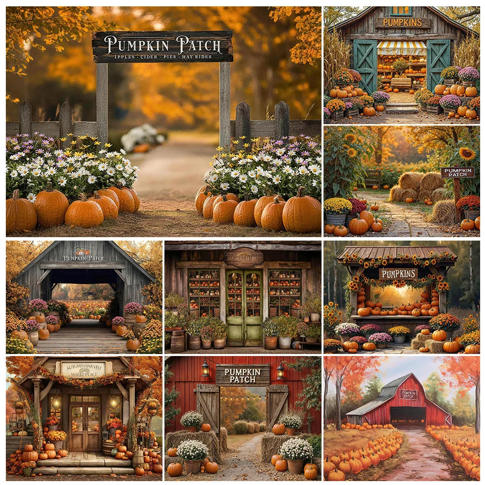 Fall Pumpkin Patch Backdrop Harvest Pumpkin Market Shop Portrait Photography Thanksgiving Birthday Baby Shower Party Background