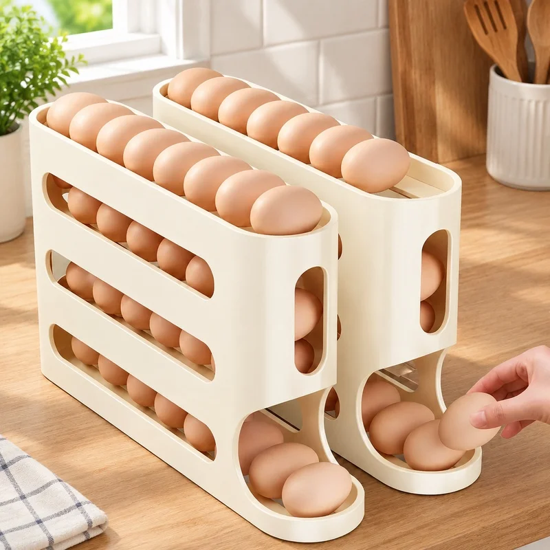 4-Tier Ladder Egg Storage Rack for Refrigerator Side Door with Auto-Rolling Mechanism and Spacious Design