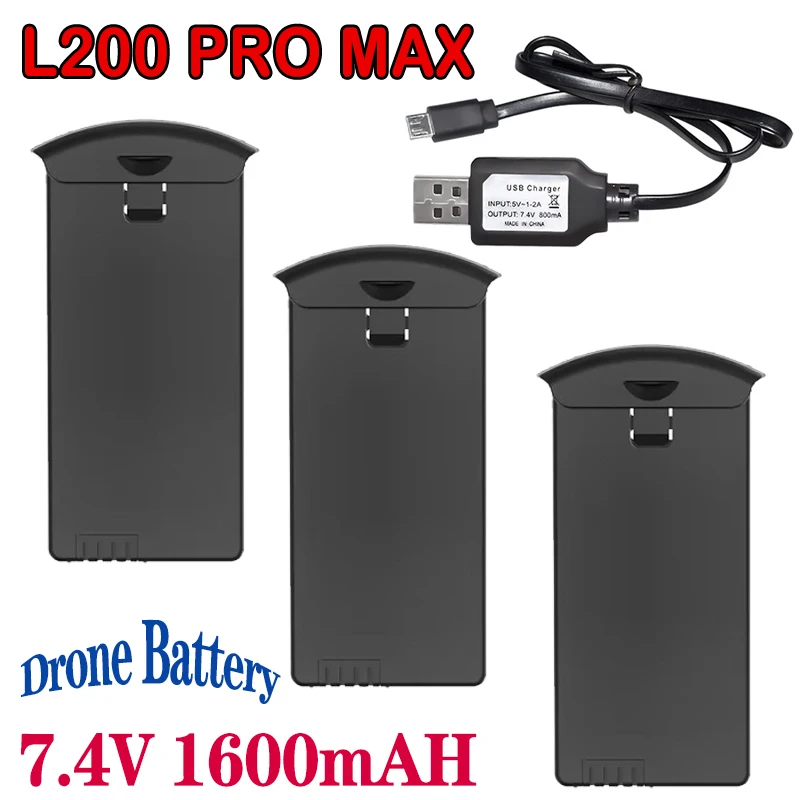 แบตเตอรี่โดรน7.4V 1600mAh สำหรับ L200 PRO MAX แบตเตอรี่โดรนของแท้พร้อมที่ชาร์จโดรนคอปเตอร์สี่ใบพัดอุปกรณ์สำหรับโดรนอะไหล่แบตเตอรี่ Li-Po