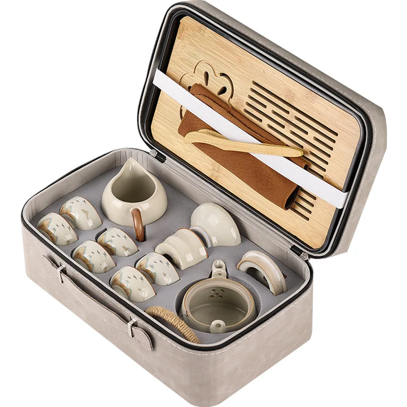 

Ru Kung Fu tea set, household outdoor ceramic cover bowl, teapot, teacup, complete set of travel tea set