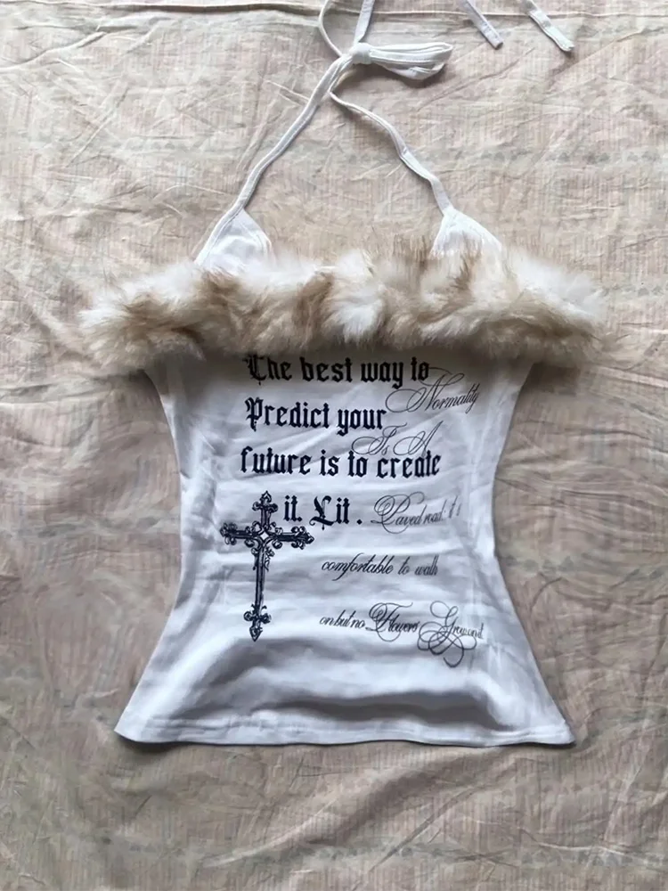 2026 Sommer Damen Y2K Grunge Goth Streetwear Sexy Kunstfell-Besatz Kreuz-Buchstaben-Print Slim Fit Cropped Neckholder Cami Tank Top – Detail 8