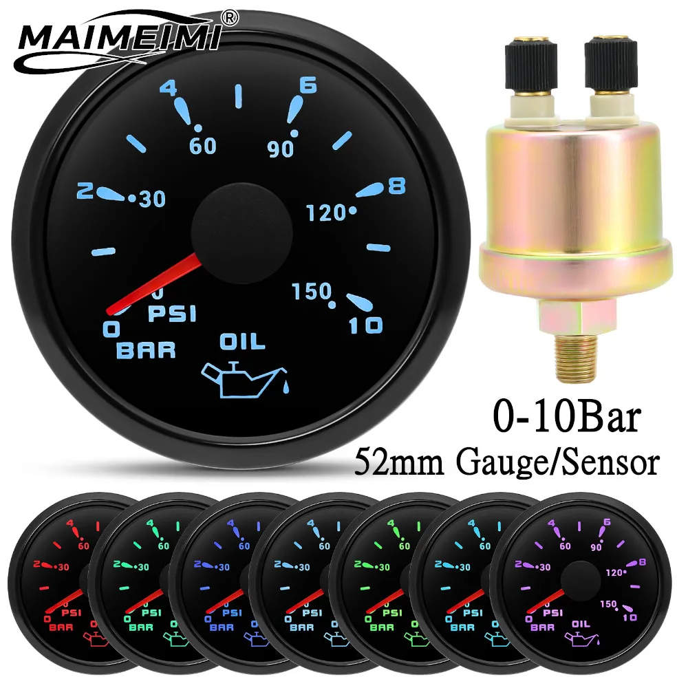 7 Colors Light 52MM Pointer Oil Pressure Gauge 0~10 Bar 0~150 PSI Oil Press Meter NPT1/8 Pressure Sensor For Boat Marine 9-32V