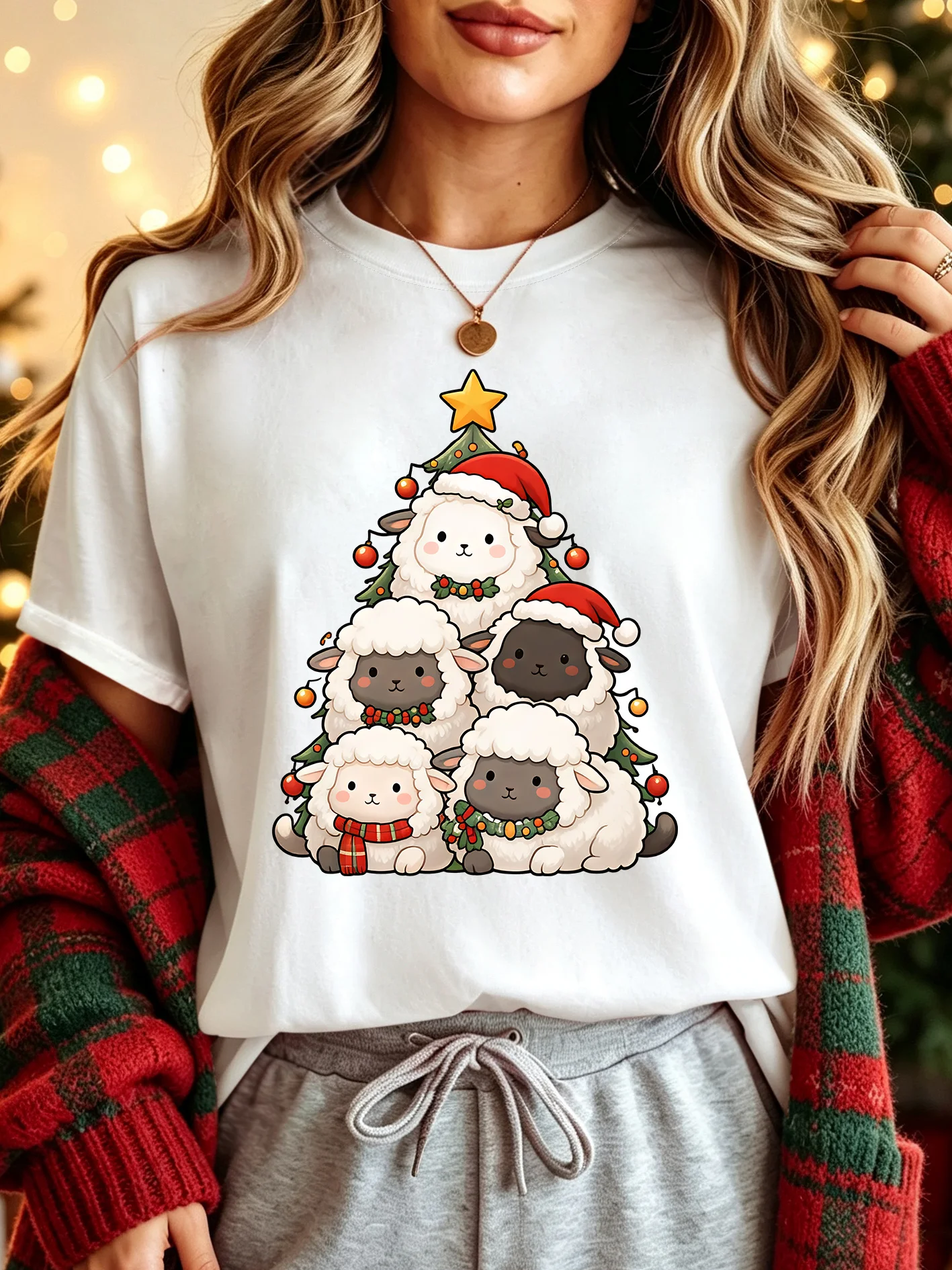Cute Sheep Christmas Tree Stack Womens Crew Neck Short Sleeve T Shirt Xmas Santa Hat Wreath Scarf Casual Graphic Tees For Ladies