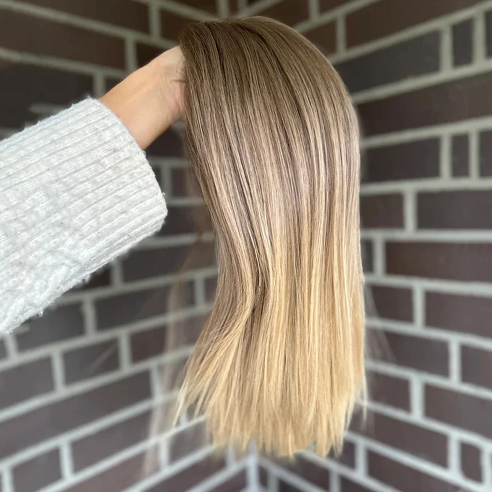 

13x4 Ombre Golden Blonde HD Synthetic Lace Front Wig Realistic Look Wig Blend 5% Human Hair Gift Wig For Her Straight Hair 12''