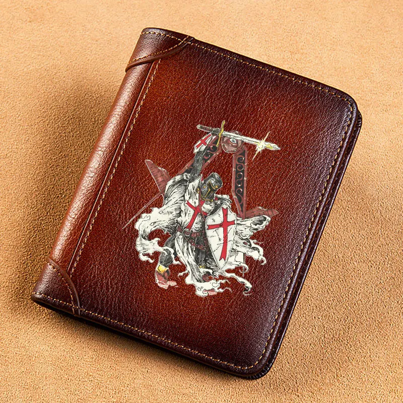 High Quality Genuine Leather Men Wallets Classic Freemasonry Knights Templar Cover Short Card Holder Purse Trifold Men's Wallet