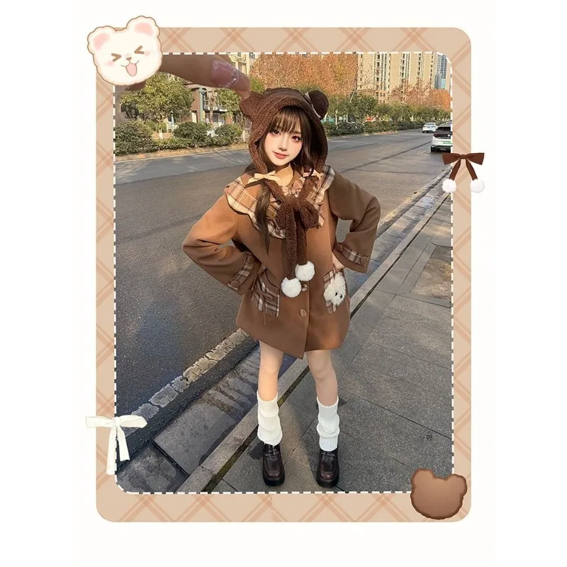 Beauté café chiot, automne et hiver atmosphère coréenne Plaid à manches longues manteau en laine femmes japonais café noeud manteau