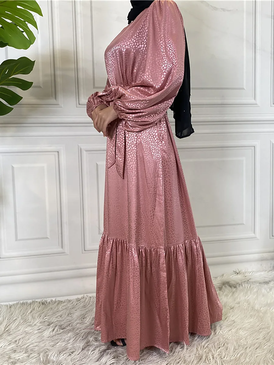 Elegant Eid Print Muslim Dress for Women Satin Ramadan Arabic Femme Jalabiya Clothes Islamic Turkish Evening Party Dresses