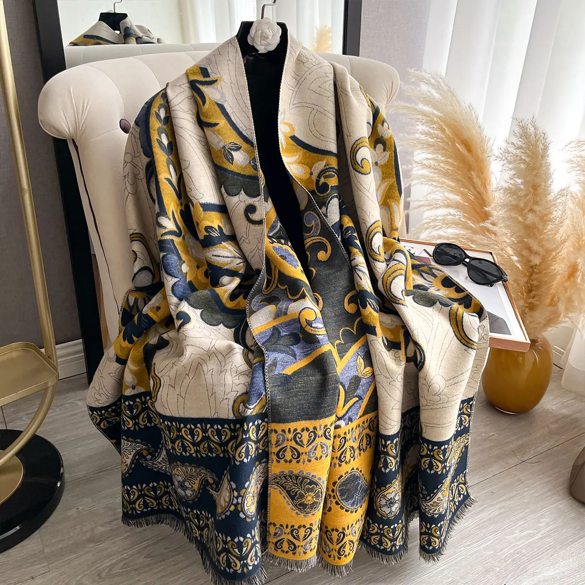 

Женский толстый зимний шарф 2025 г., роскошный двусторонний шелковый кашемировый жаккардовый шарф высокого качества с запахом, модная шаль