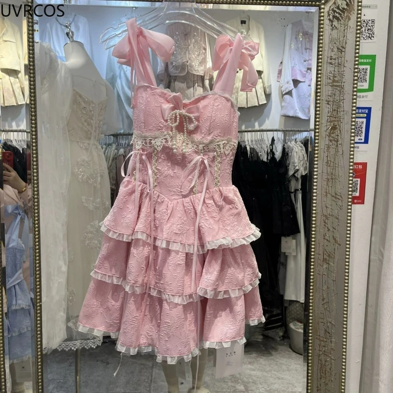 Japanese Style Kawaii Lolita Jsk Dress Women Vintage Sweet Lace Bow Ruffles Tiered Cake Dresses Harajuku Y2k Slim Bandage Dress