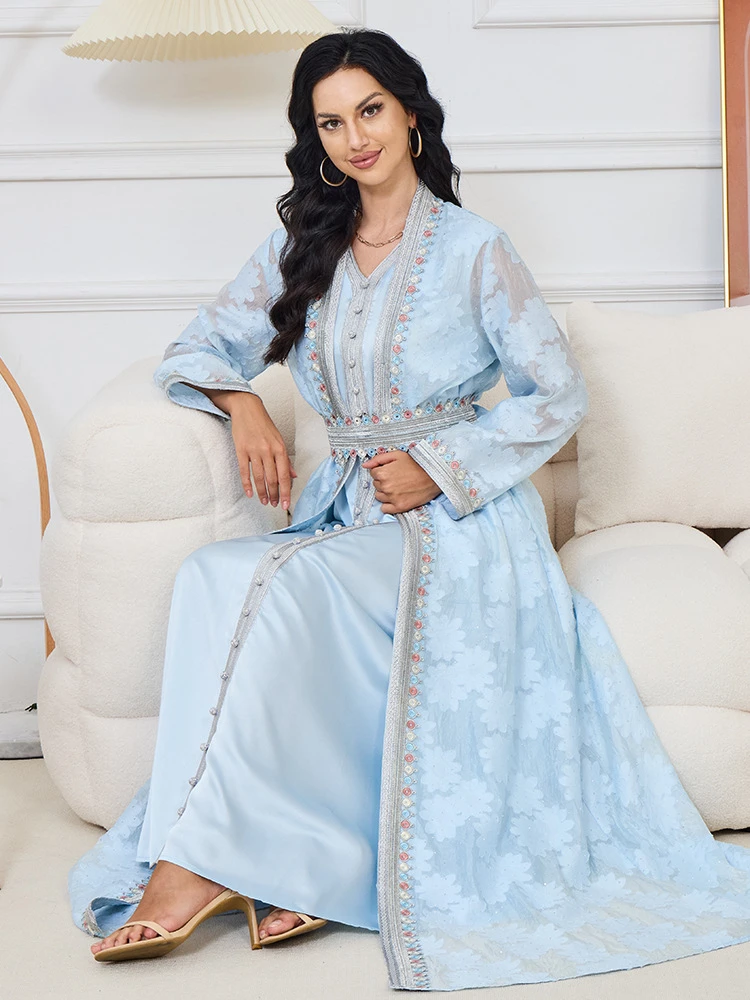 Puffed-sleeve Cardigan, Elegant Dubai Long Dress, Middle Eastern Robe, Two-piece Set With Rhinestones