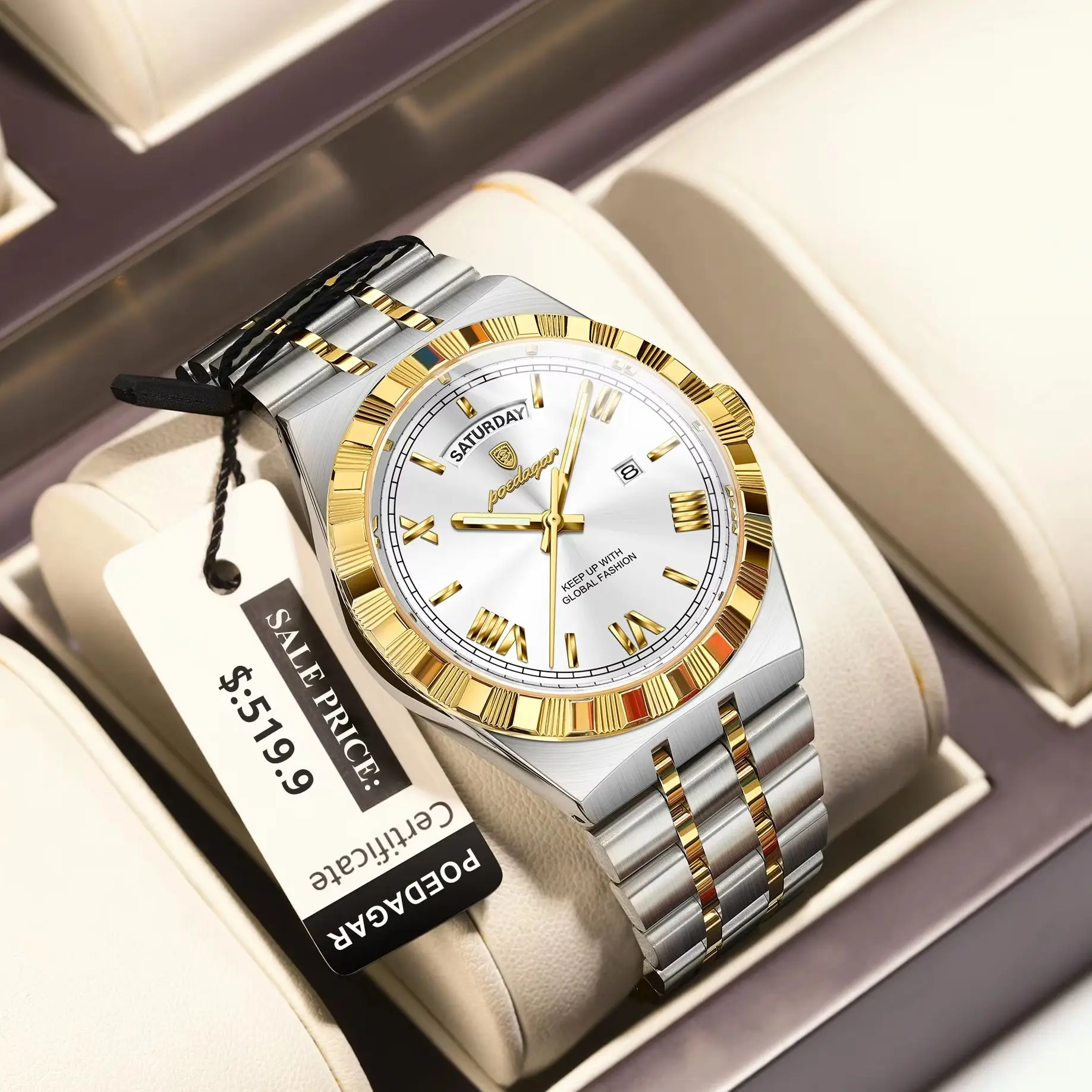 POEDAGAR الأصلي الفاخرة ساعة يد رجالي تاريخ الأسبوع مقاوم للماء مضيئة رجل ساعة الفولاذ المقاوم للصدأ ساعات كوارتز عادية للرجال