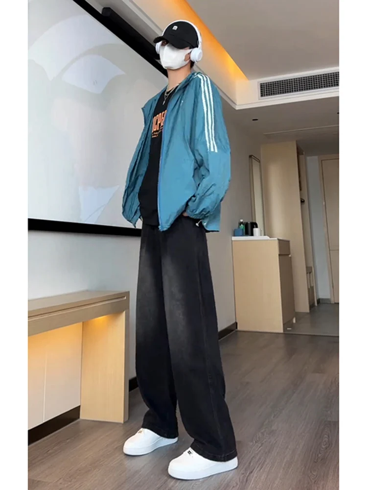 

aduated ey Bla Denim Jeans Men's Summer Thin High Waist Slimming Straight Leg Jeans American High Street Vibe Bootcut J...