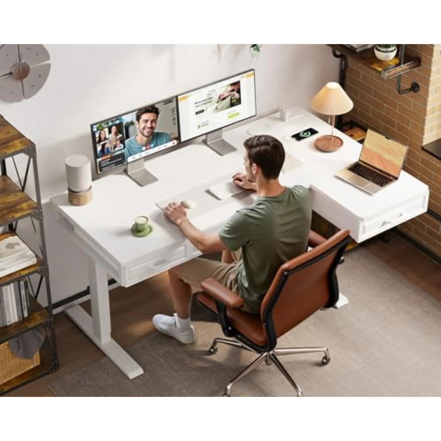 55 Inch L Shaped Standing Desk with 4 Wooden Drawers, White | Reversible Corner Table, Office Table With 4 Wooden