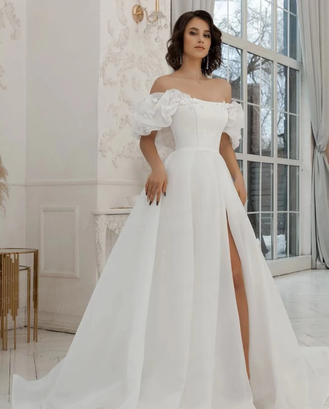 

Simple 2024 Wedding Dresses Woman's A Line Sexy Off Shoulder Boat Neck Bride Gowns Split Formal Satin Party Vestidos De Novia