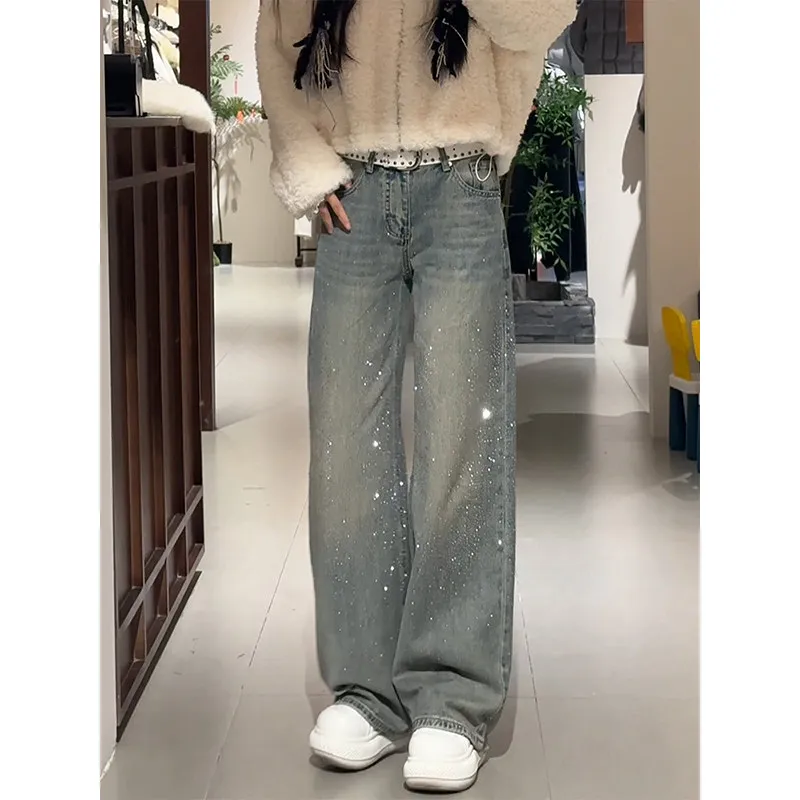 

Retro Fla Diamond Wide Leg Jeans Women's Loose Fce Straight Floor-Length Pants Winter New Sle l Waist Button Clo...