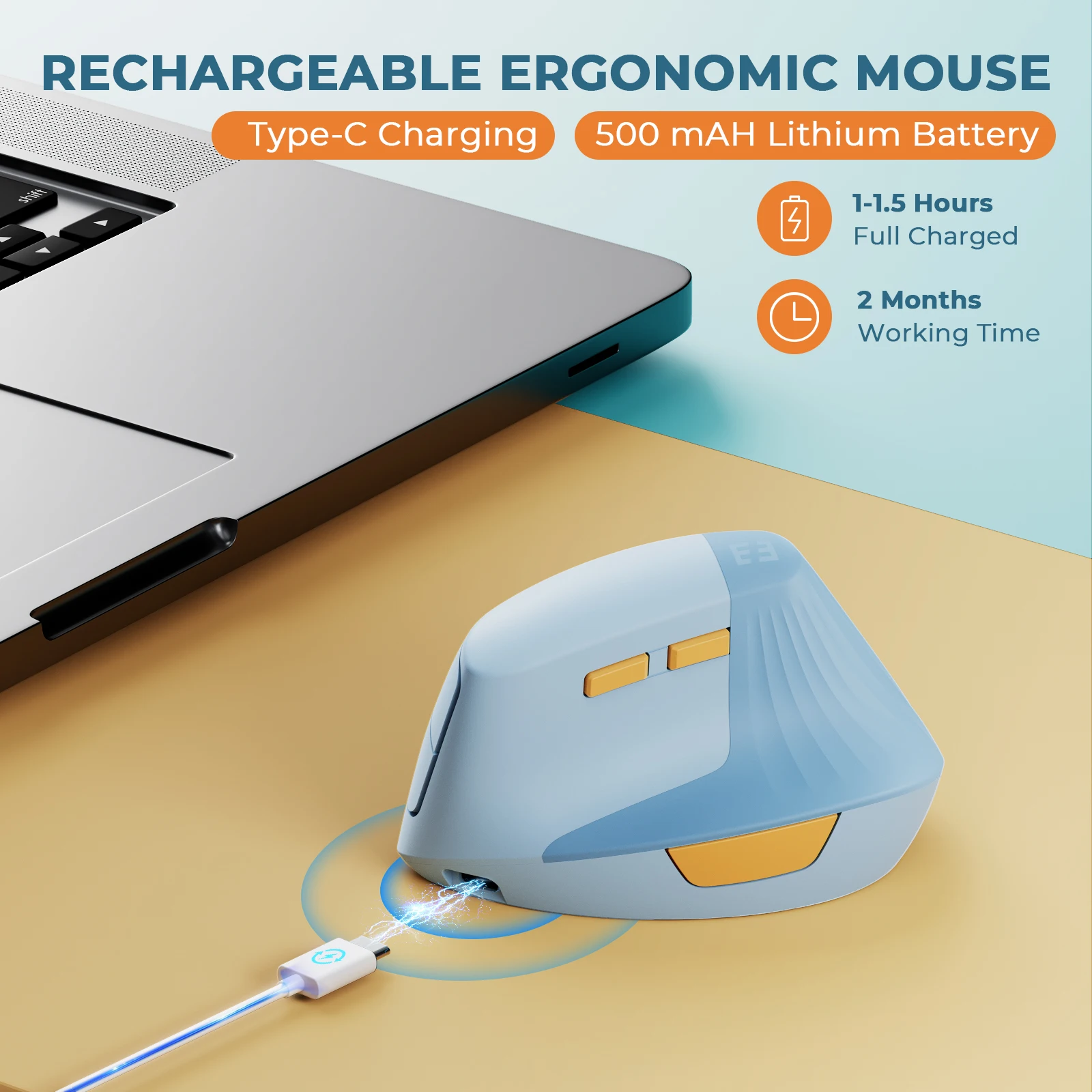 Vertical Wireless Mouse Rechargeable USB & Type C Ergonomic Mice for Computer Notebook Mac iPads OS Windows XP 7 10 11 Android