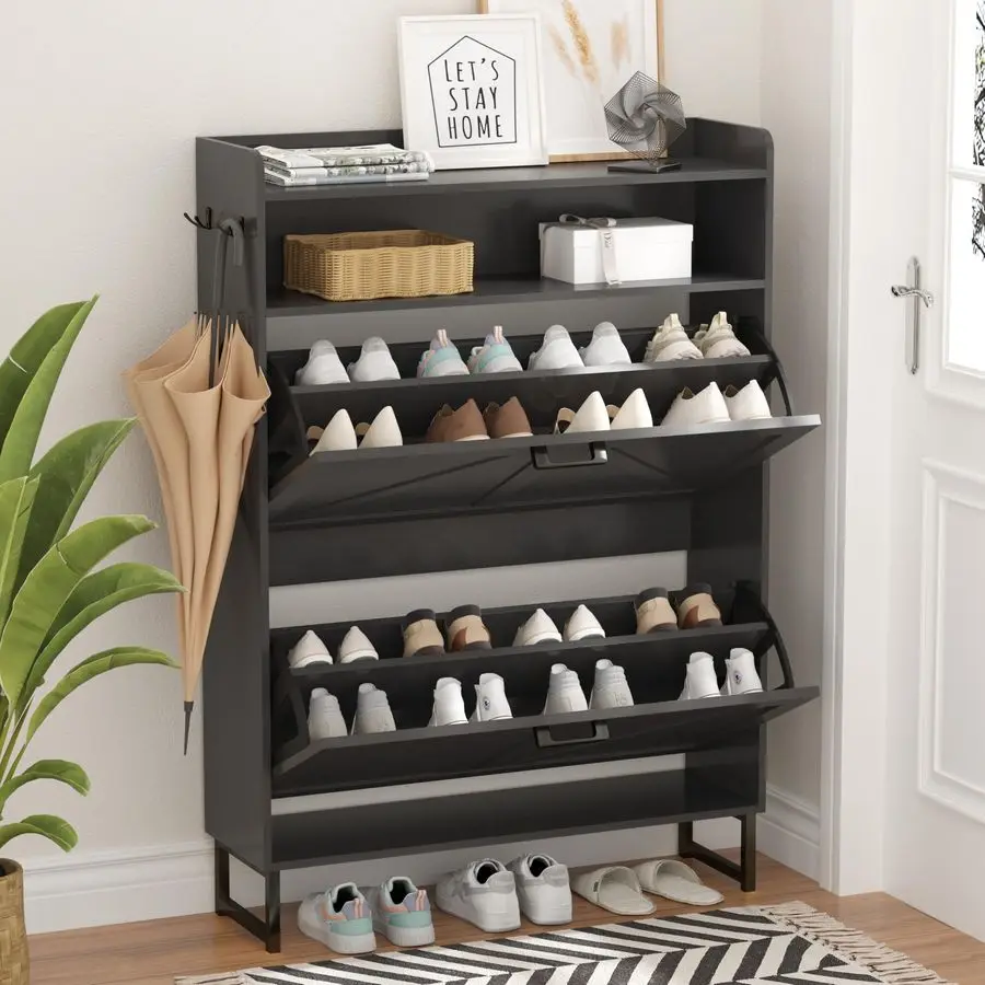 

Cabinet with 2 Flip Drawers, Freestanding Hidden Shoe Storage Organizer for Entryway, Narrow Slim Shoe Rack Cabinet Customizable
