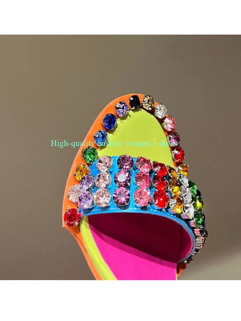 

Europe Summer Rainbow-Colored Manual Rhinestone-Embellished Sandals Round Toe Color-block Stiletto Heels Luxury Women's