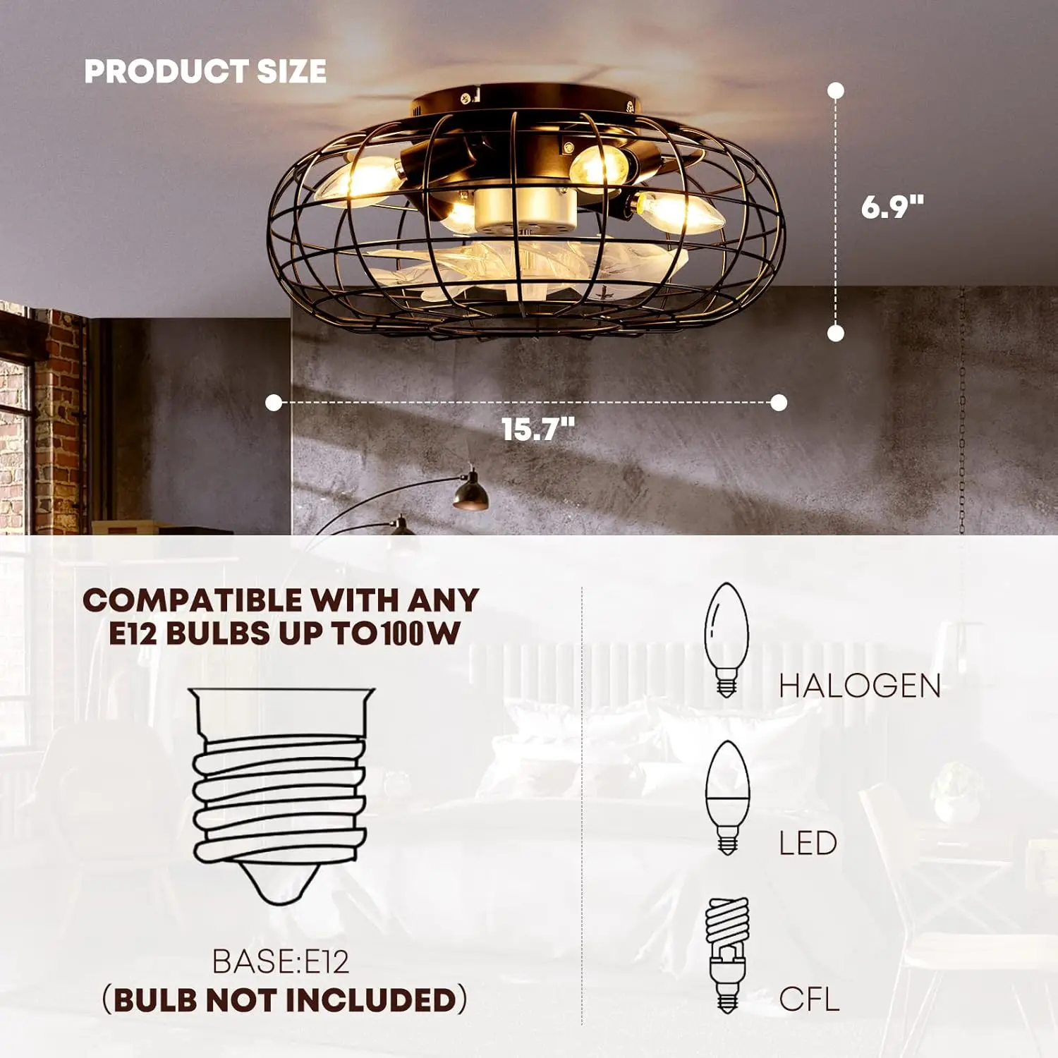 Ceiling Fan With Lights, 16 Inch Caged Ceiling Fan Lights Remote Control Small Industrial Ceiling Fan Light Fixture Flush Mount