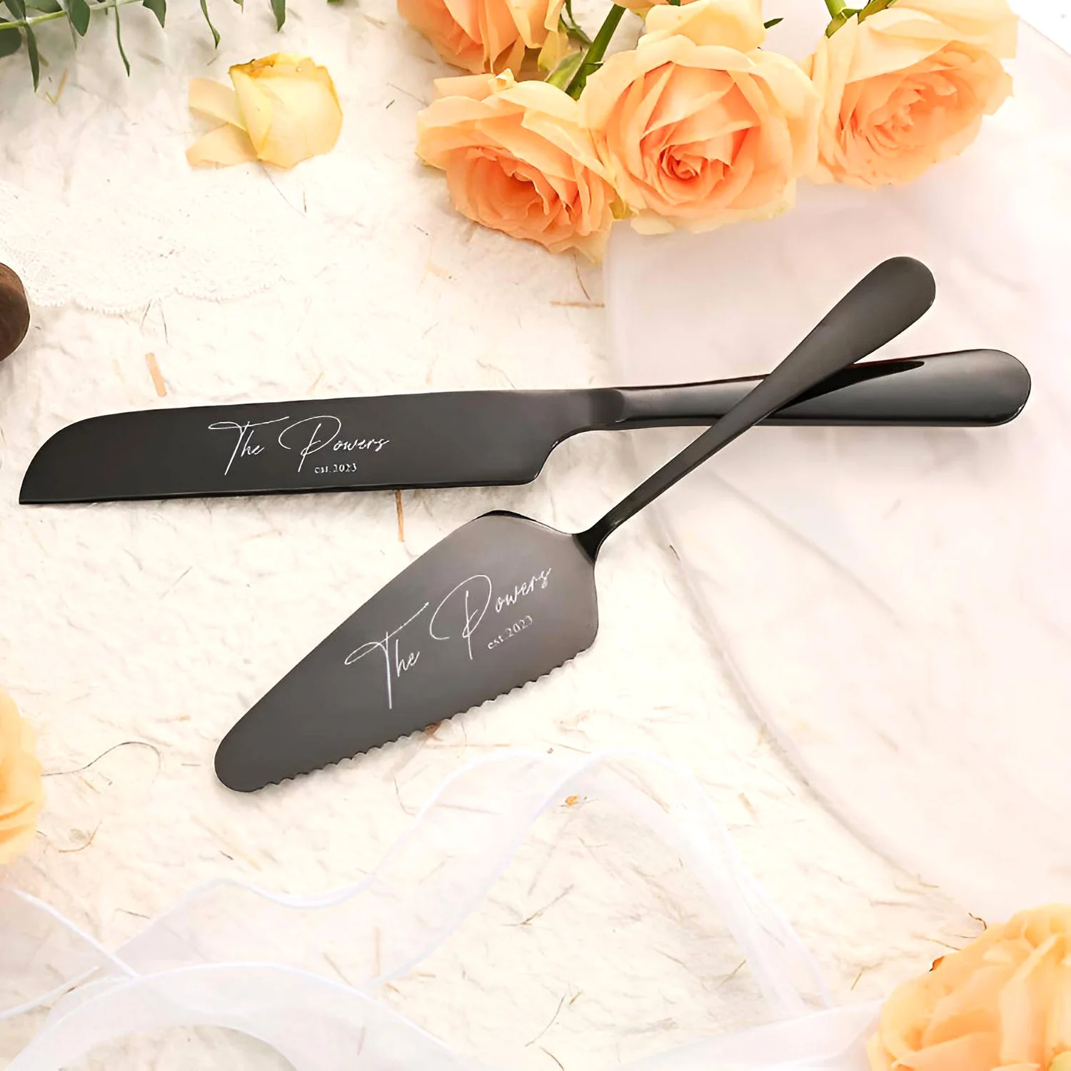 Set di coltelli da taglio per torte da 2 pezzi, accessori per feste di matrimonio, coltello da taglio personalizzato con incisione Laser di souvenir