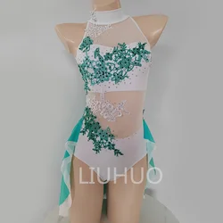 Green Diamond Ladies One Piece Pole Dance Dress Competition Training Can Be Customized Lyrical Dance Dress