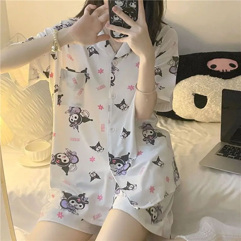 

Sanrio Kuromi Pajamas 2 Piece Set Shorts Short Sleeve Sleepwear Kawaii Cartoon Nightwear Student Pijama Summer Nightie Home Suit
