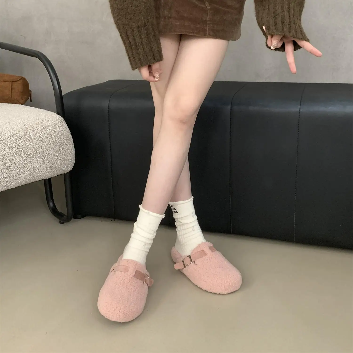 Cover Toe House Slippers Platform Shoes Woman 2024 Loafers Fur Flip Flops Winter Footwear Pantofle Luxury Slides Low Flock Plush