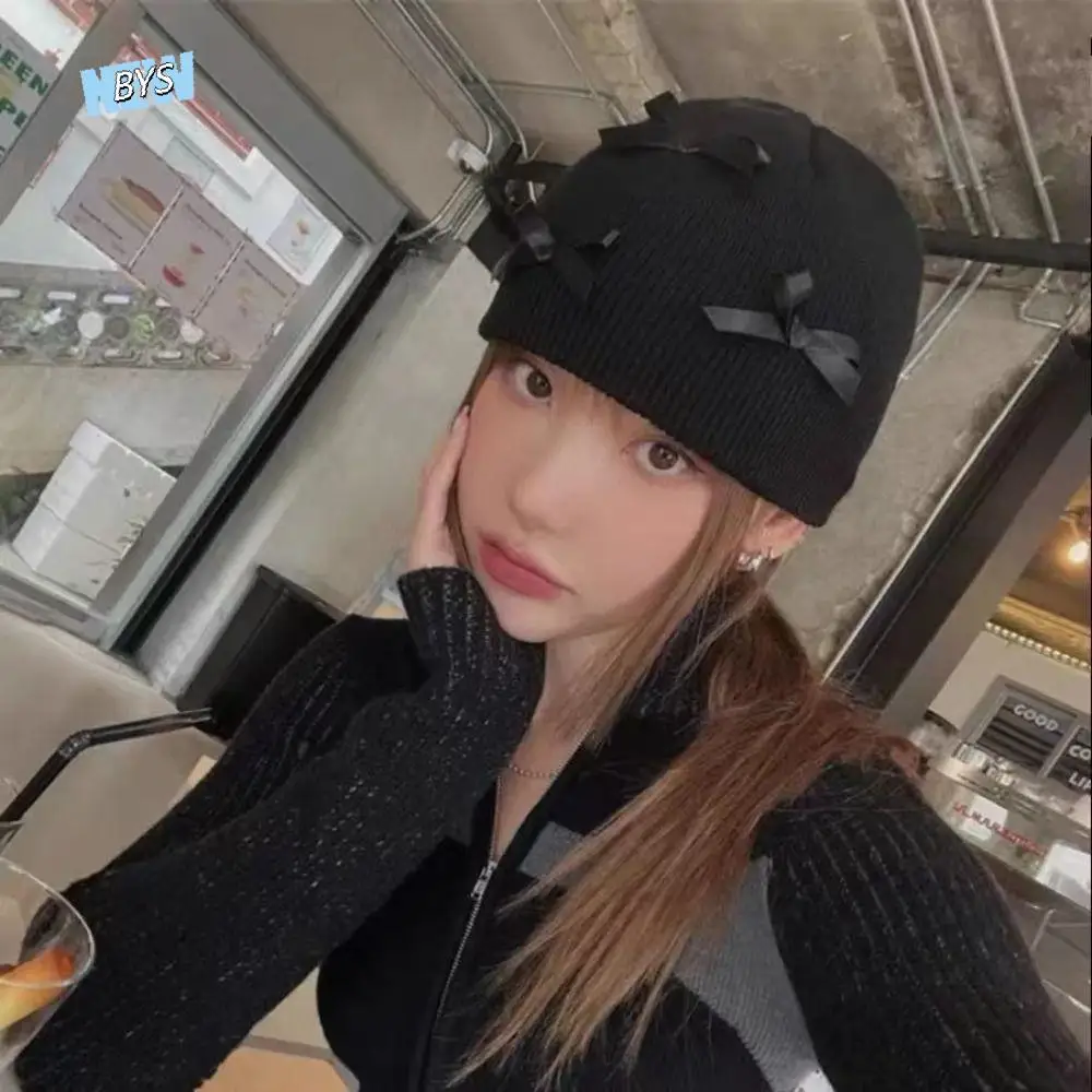 

Cool Y2k Bow Beanie Cap Korean Style Balletcore Printed Woolen Hat Knitted Hat Keep Warm Bow Knitted Pullover Hat Streetwear