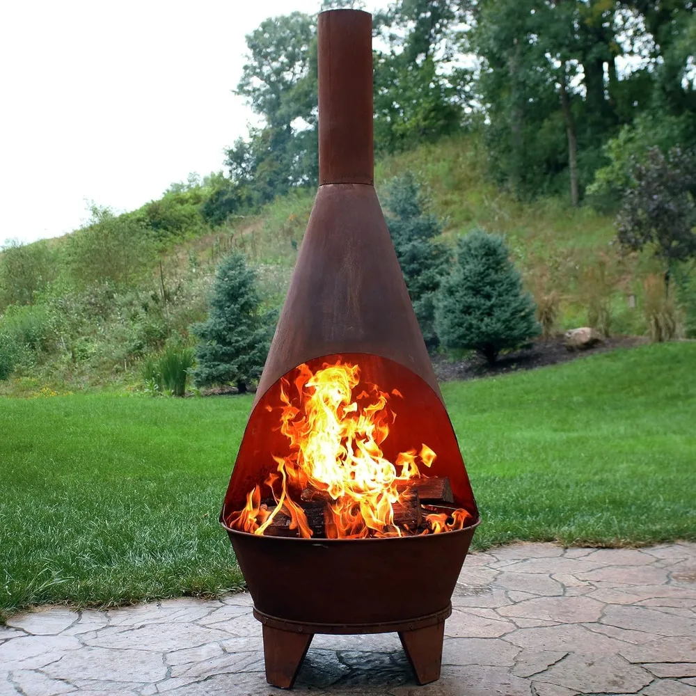 

6-Foot Rustic Oxidized Cold-Rolled Steel Mexican-Style Chiminea - Rust Patina - Built-in Wood Grate