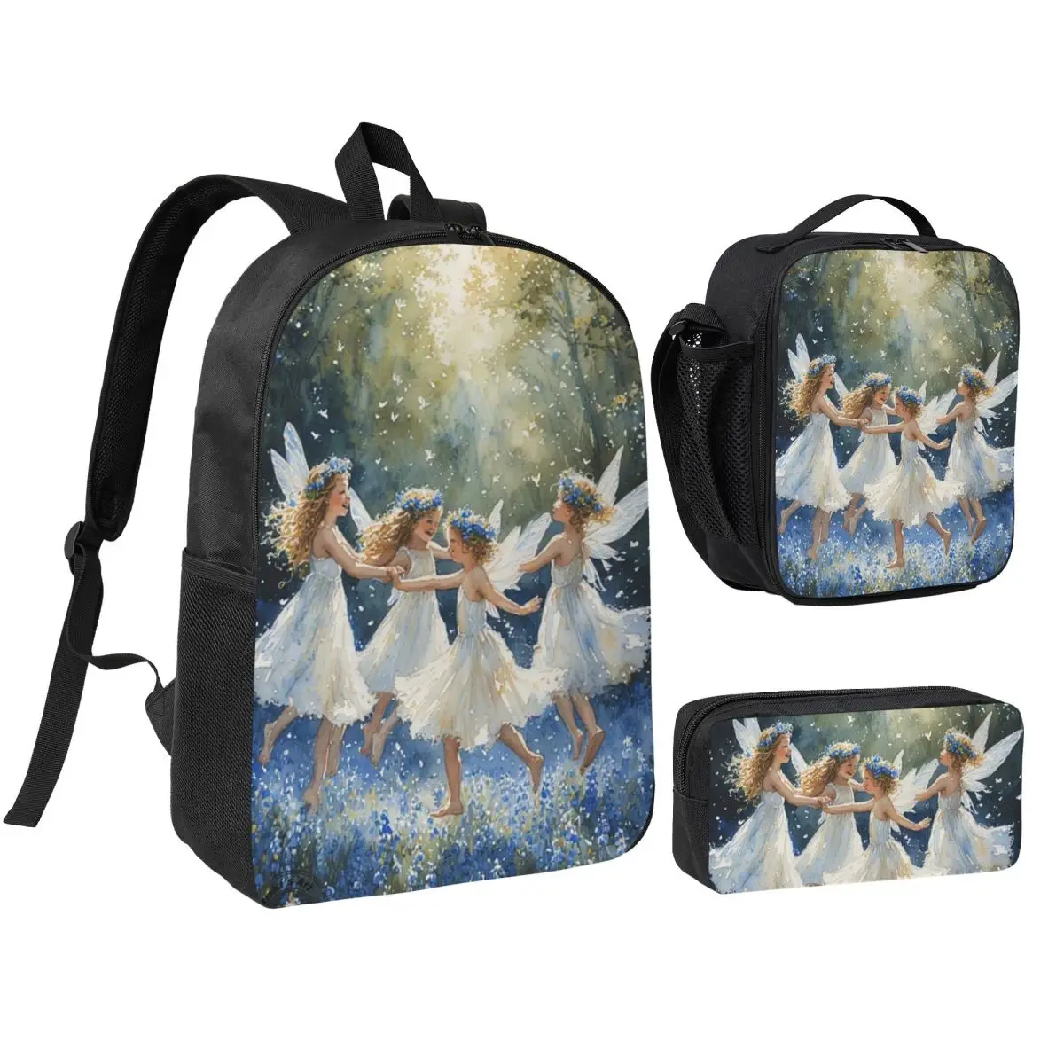 Flower Fairies Dancing Backpack Student BookBag School Bag Shoulder Bags 3ps Insulated Lunch Bag Pencil Case