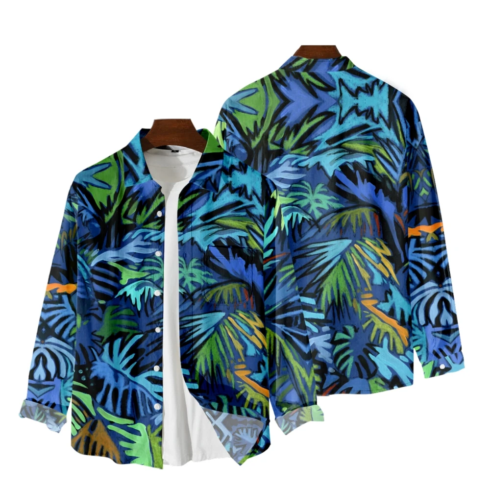 Hawaii Style Long Sleeve Shirts V-Neck Turn-down Collar Button Shirt Casual Tops