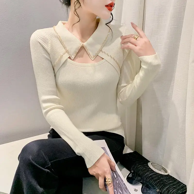 Heavy Industry Nail Bead Temperament Western Style Slim Autumn and Winter Niche Lapel Hollow Out Western Style Long Sleeved Top