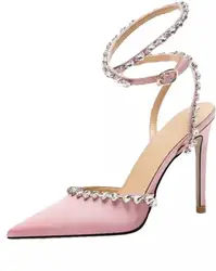 Moraima Snc Pink Satin High Heel Shoes Crystal Embellished Ankle Strap Women Pumps Pointed Toe Dress Heels Black White