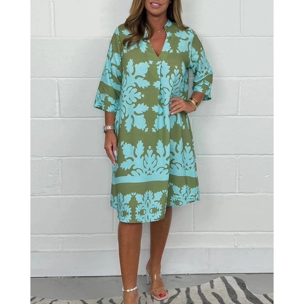 

Summer Floral Dress for Women V Neck Three Quarter Sleeve A-Line Loose Midi Dress for Party Evening Gown Vestidos Elegantes
