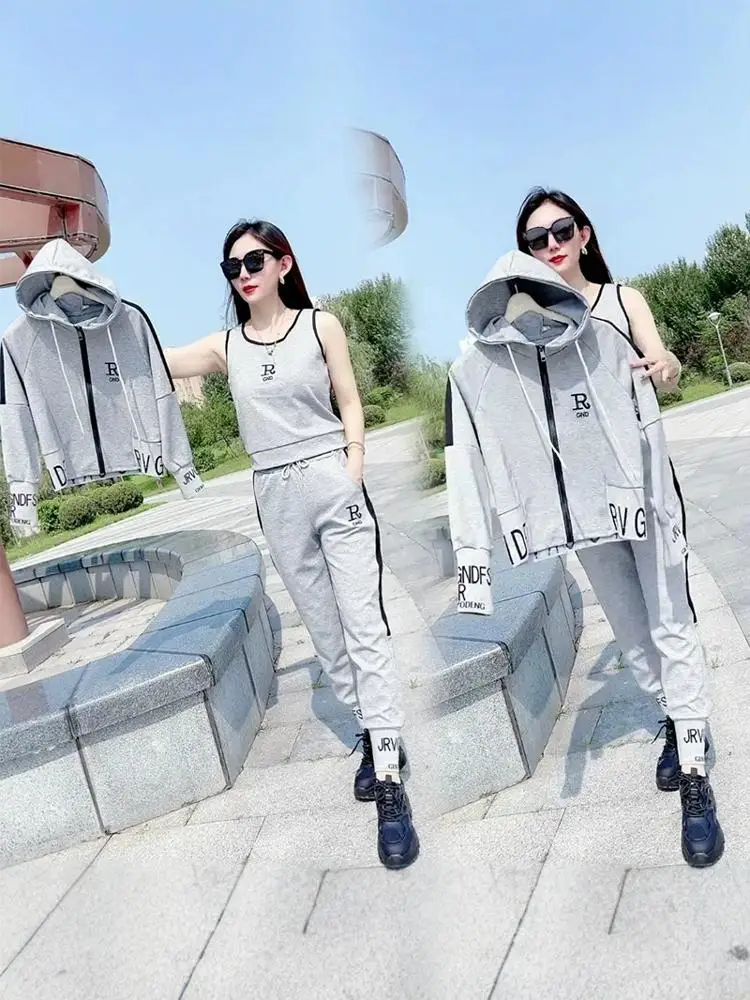 Conjunto Deportivo Informal para Mujer, Primavera-Otoño, Corte Holgado, Sudadera con Capucha, Chaqueta Abierta, Traje de Tres...