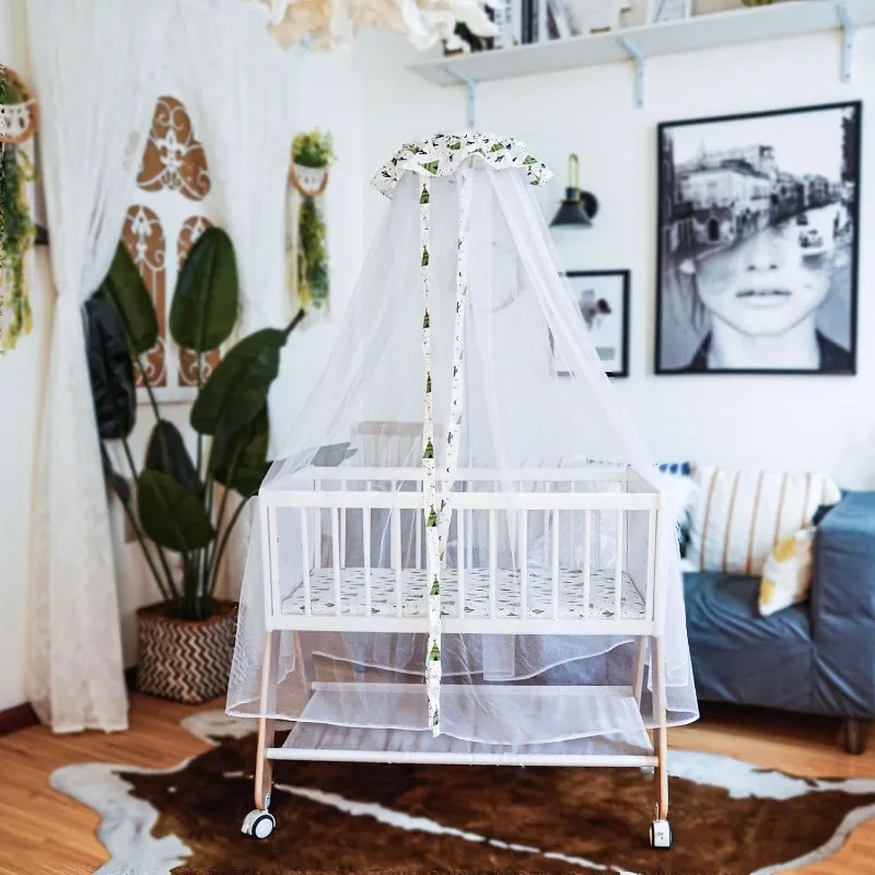 Wooden Bedside Bassinet Sleeper，Safe & Stylish Baby Crib Bassinet with Locking Wheels,Mosquito Net,Large Storage Basket