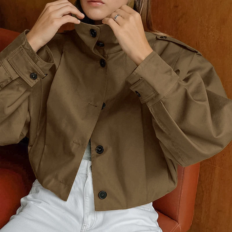 여성을위한 가을 빈티지 Pleated Cropped Jacket High Street Windbreaker 싱글 브레스트 긴 소매 짧은 코트 캐주얼 자켓