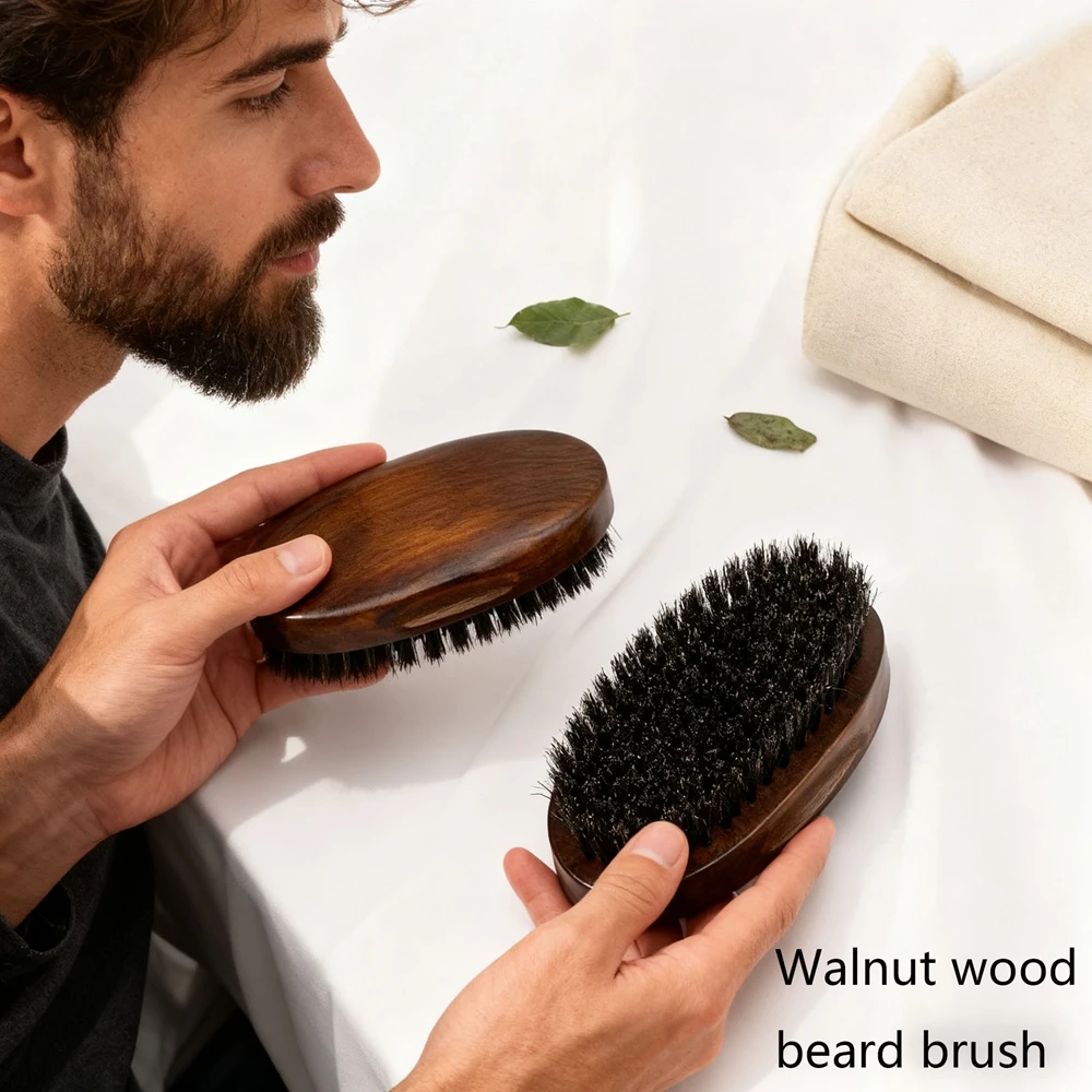 Premium Walnut Wood Beard Brush with Pear Wood Comb for Men - 2-in-1 Bristle & Nylon Bristles Mustache Comb Hair Comb