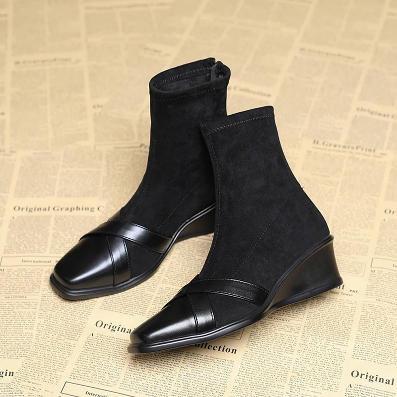 

Elegant Ankle Women Boots Wedges Shoes High Heels Fur Snow Boots Winter 2025 Square Toe Pumps Zip Short Boots Chelsea Botas Lady