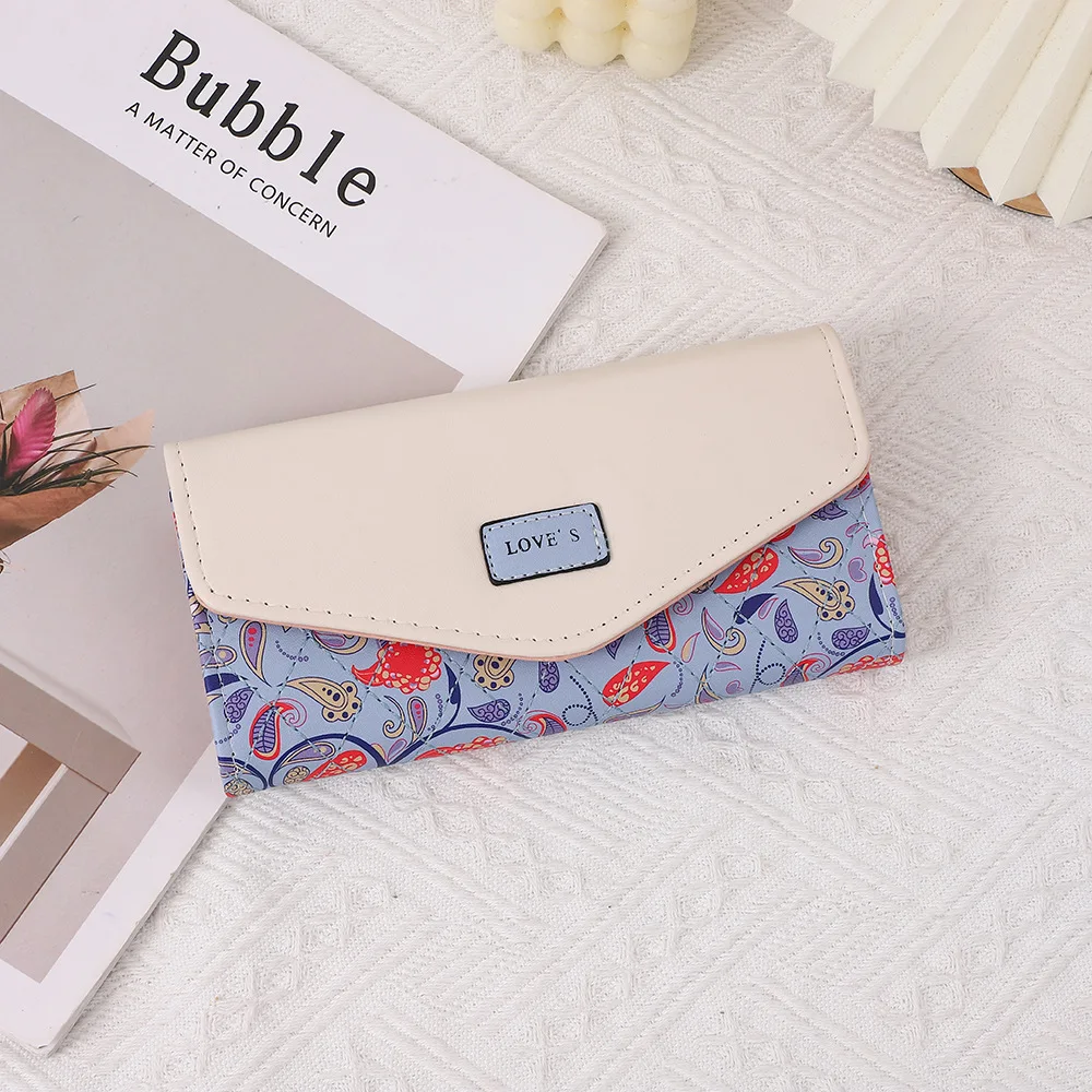 New Korean Women's Wallet Bag - Pastoral Floral Contrast Color, Tri-Fold Envelope Buckle Zipper Purse