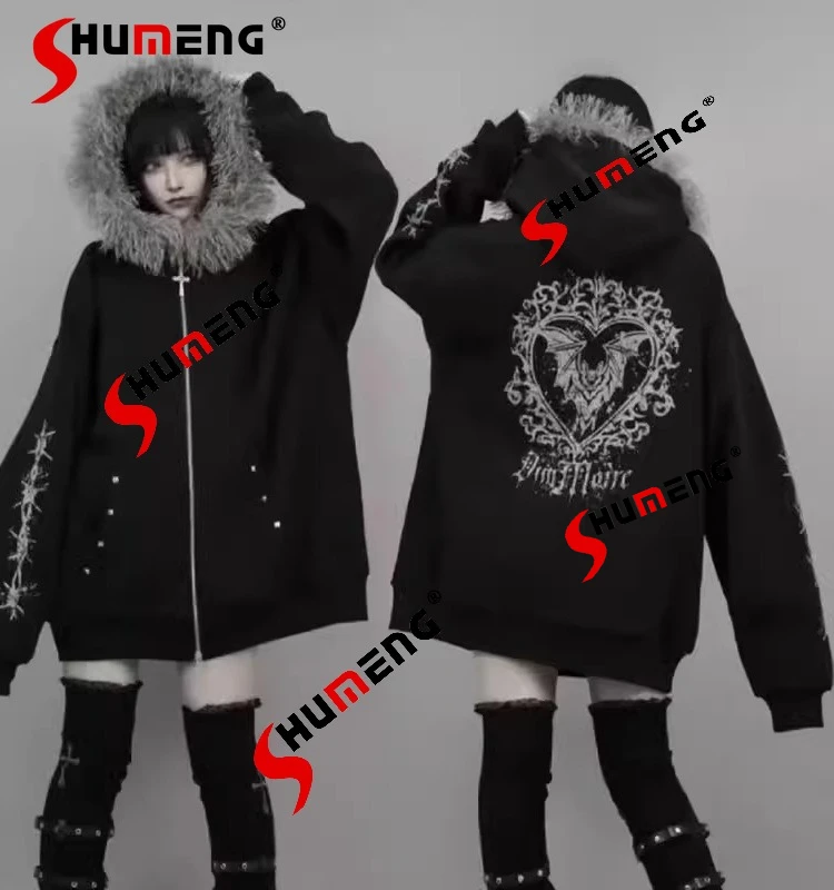 

Japanese Harajuku Aesthetic Black Gothic Dark Hooded Jacket Autumn Winter New Women's Sweet Cool Fashion Streetwear Sweatshirt