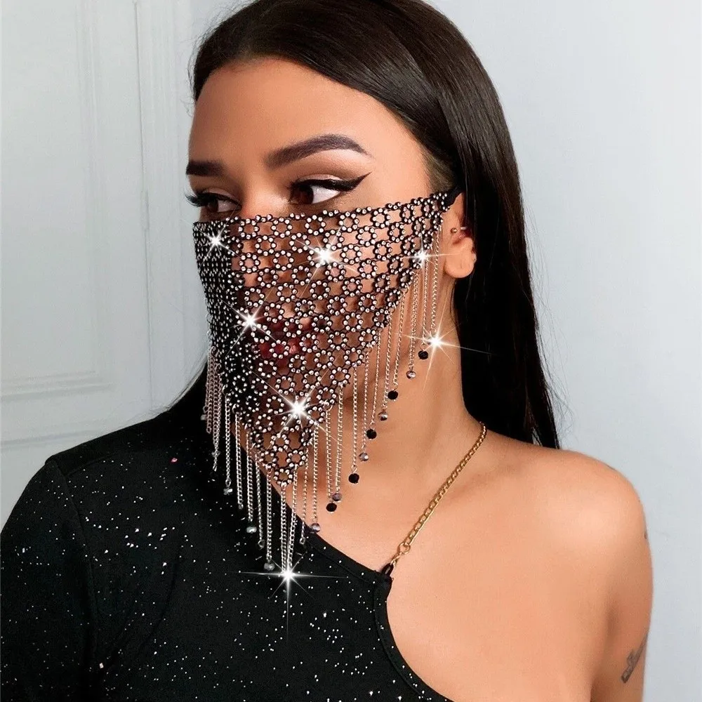Delicate Fishing Net Rhinestone Mask Bling Shining Face Cover Hollow Tassel Masquerade Mask Girl