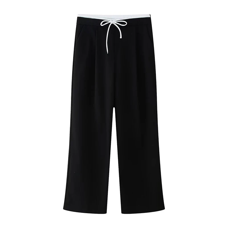 

YENKYE Autumn Women With Drawstring Double High Waist Wide Leg Pants Vintage Pockets Office Wear Casual Trousers Black