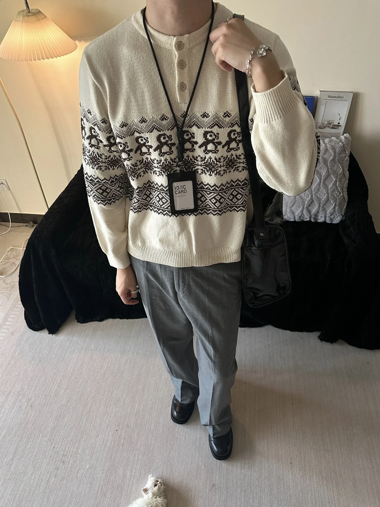 Cisas Penguin Retro Fair Isle محبوك سترة مستديرة للخريف والشتاء متعددة الاستخدامات غير رسمية طويلة Sve نمط هندسي دافئ