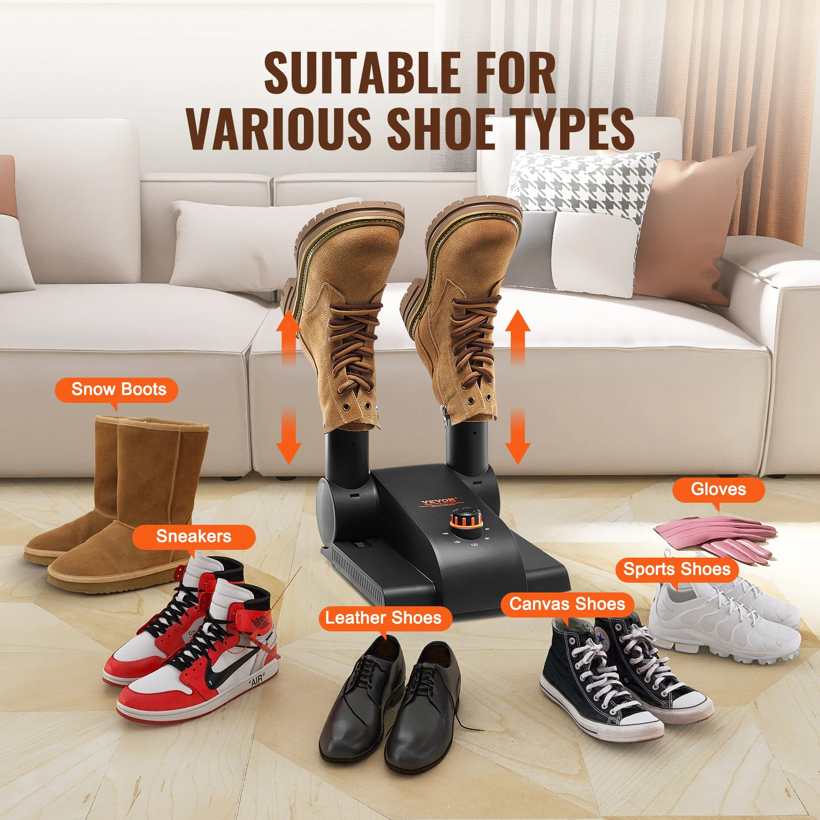 VEVOR pengering sepatu bot portabel, pengering sepatu bot 180 ° dapat dilipat 2/4 dengan Timer & Blower untuk sepatu salju, sepatu kulit, kaus kaki sepatu kanvas