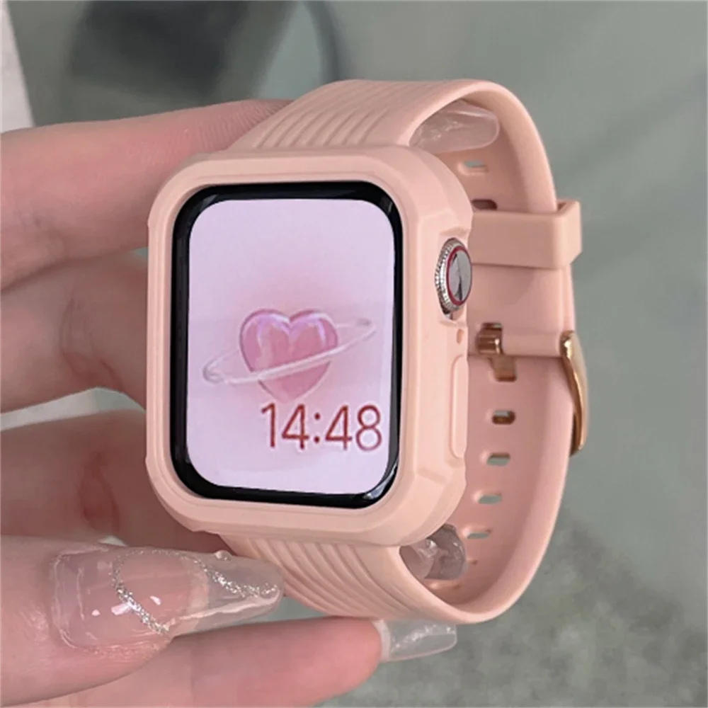 Streep Sport Matte Band + Hoesje Voor Horloge 44 45 49 42Mm 40/38 Voor Iwatch 7 8 6 5 Se 41 Siliconen Vrouwen Doorzichtige Armband