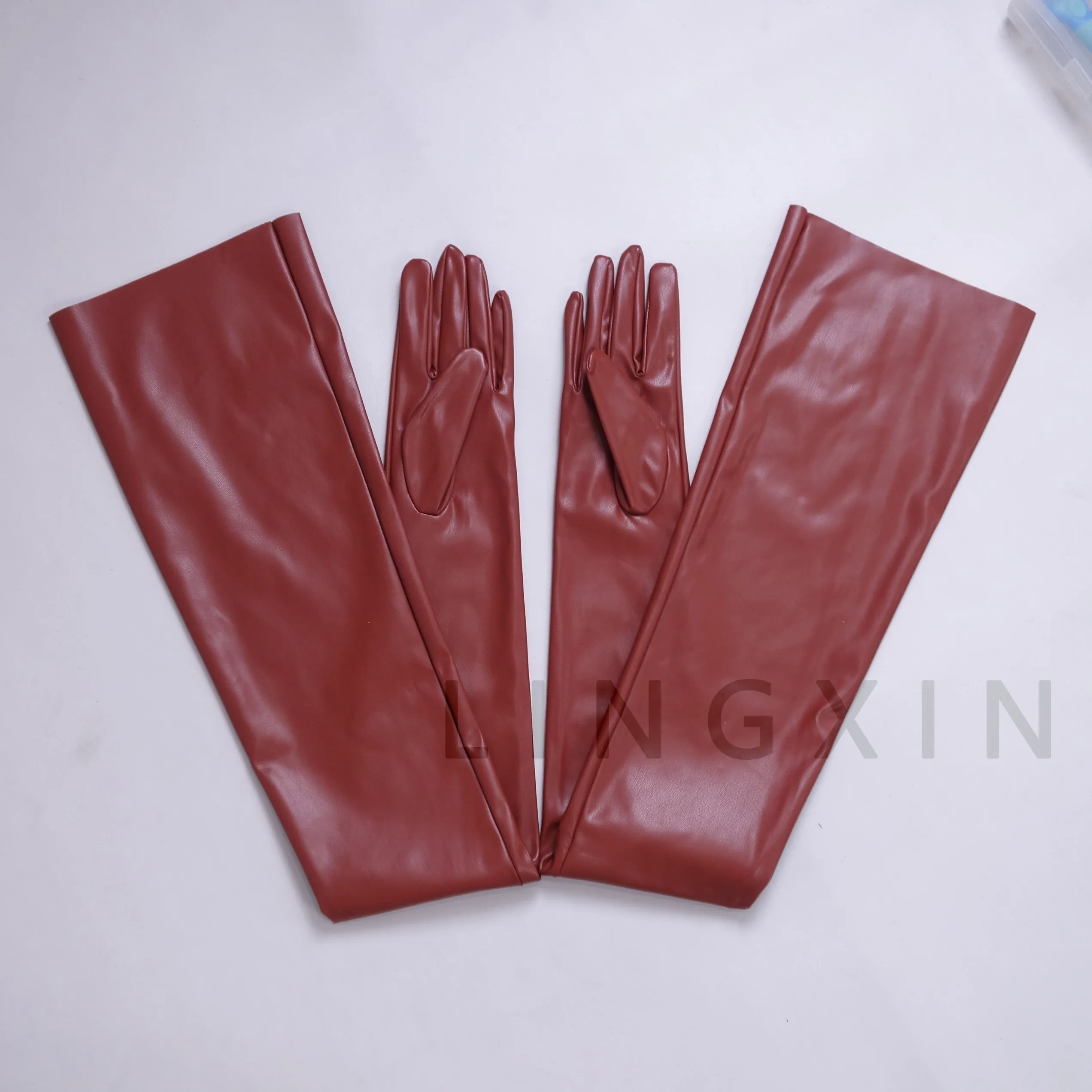 35 Zoll (90 cm) EXTRA LANGE HANDSCHUHE aus Kunstleder PU, schwarz, locker sitzend, Unisex, mit weitem Ärmel, im Neon-Fluoreszenz-Stil, in Fluoreszierendem Limettengrün – Detail 5