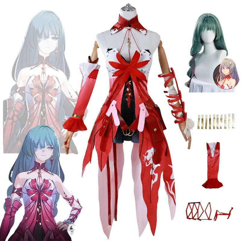 

Game Wuthering Waves Phrolova Red Spider Lily Suit Gorgeous Dress Cosplay Costume With Gradient Green Double Ponytail Wig