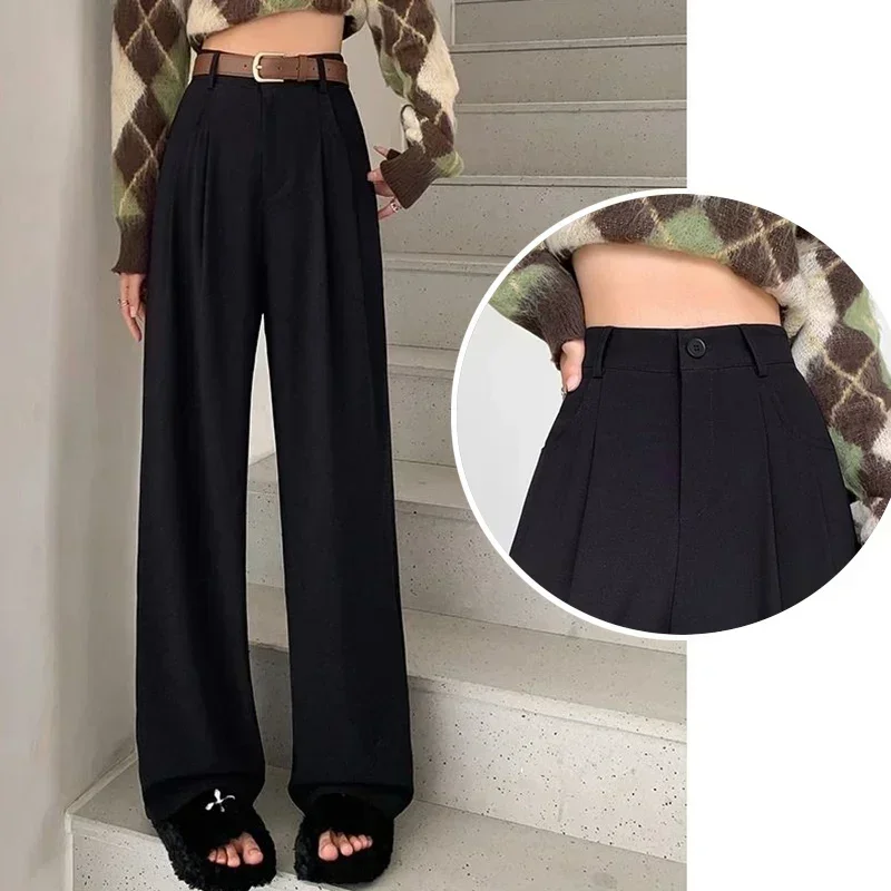 Women Fashion Suit Pants Lady Breathable Baggy High Waist Wide Leg Summer Trousers Lady Straight Leg Black Coffee Classic Pants